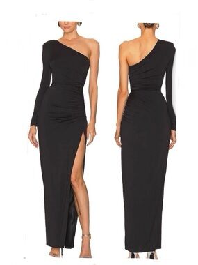 New Women Medium One Shoulder Long Sleeve Maxi Dress Bodycon Ruched Split Thigh